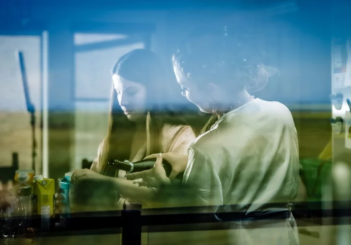 Photograph of bride and bridesmaid through the winnow.