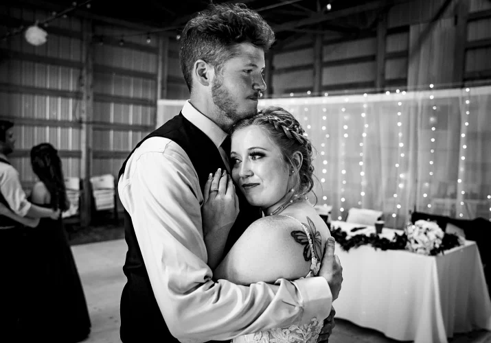 First dance on countryside wedding in Calgary. Bride's getting emotional. Calgary Wedding Photographer captured priceless moment.