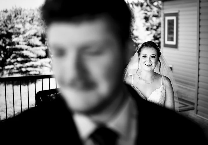 Before the first look. Bride goes slowly to approach her future husband.