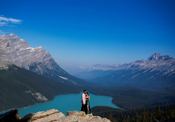 Amazing pre wedding photograph at turquoise Peyto Lake in the Canadian Rockies.