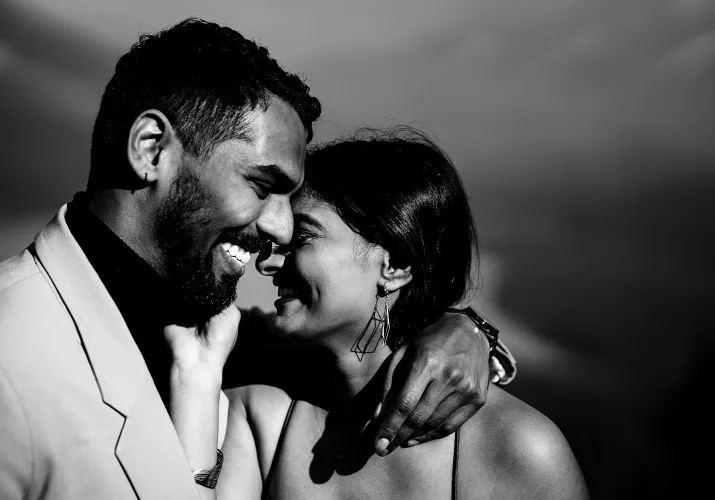 Banff wedding Photographer captured a moment of laughing engaged couple.