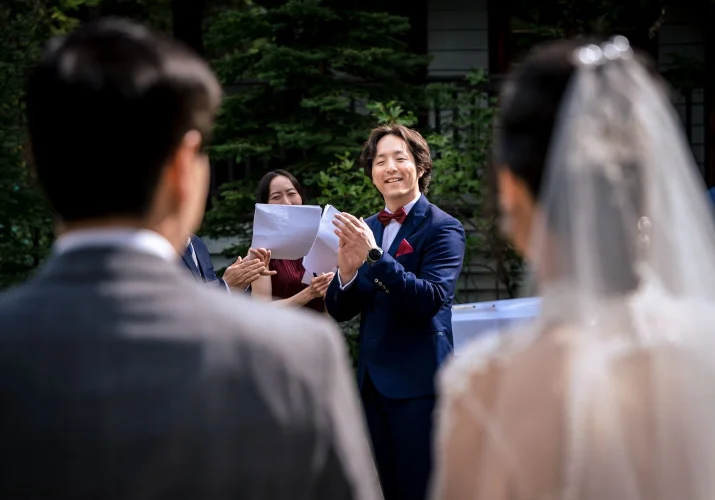 First look during wedding ceremony in the Canadian Rocky Mountains