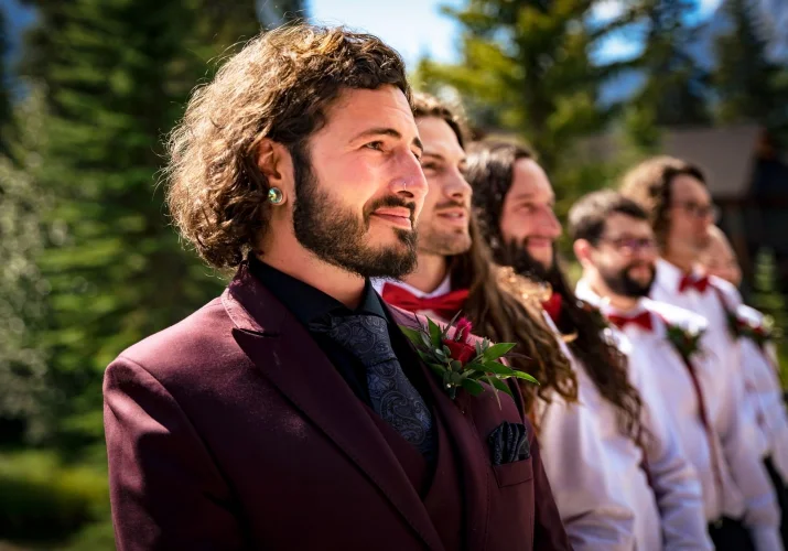 Groom and groomsmen wait for the bride in one lane.