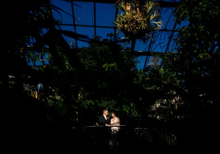 Bride and groom at Calgary Zoo Garden, They stand on the bridge surrounded by lovely flora.