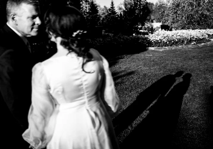 Shadow of the newlyweds in black and white.