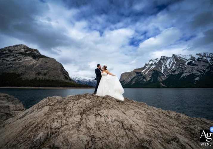 Wedding Portrait session at minnewanka Lake captured by best Banff wedding Photographer.