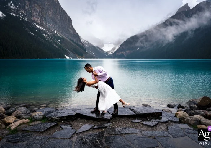 Newlyweds dancing at Lake Louse in Canada